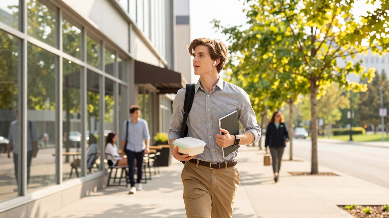 Jovem a caminhar com mochila, recipiente de comida e tablet numa rua urbana com árvores ao sol.