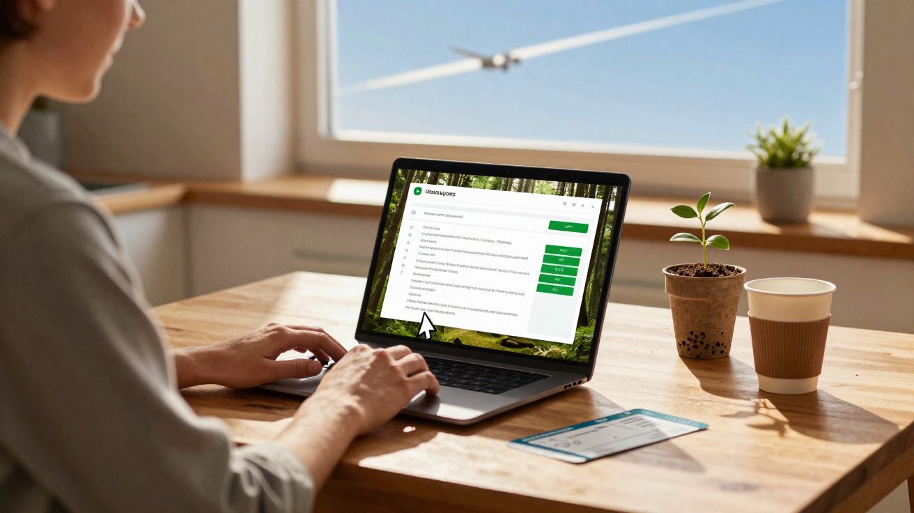 Pessoa a usar computador portátil numa mesa com planta, cartão e copo, avião a voar numa janela ao fundo.