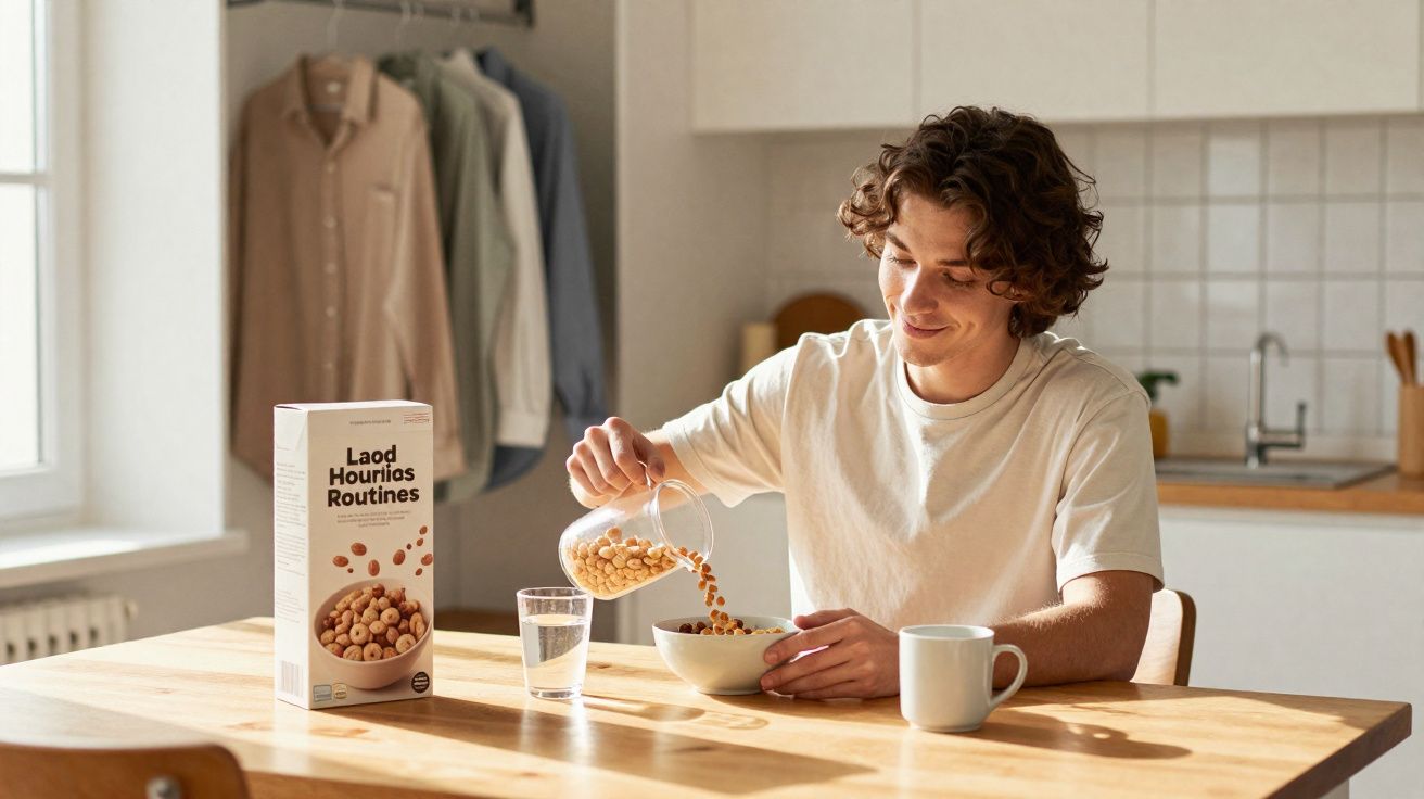 Jovem a sorrir enquanto deita cereais numa taça na cozinha com luz natural ao amanhecer.