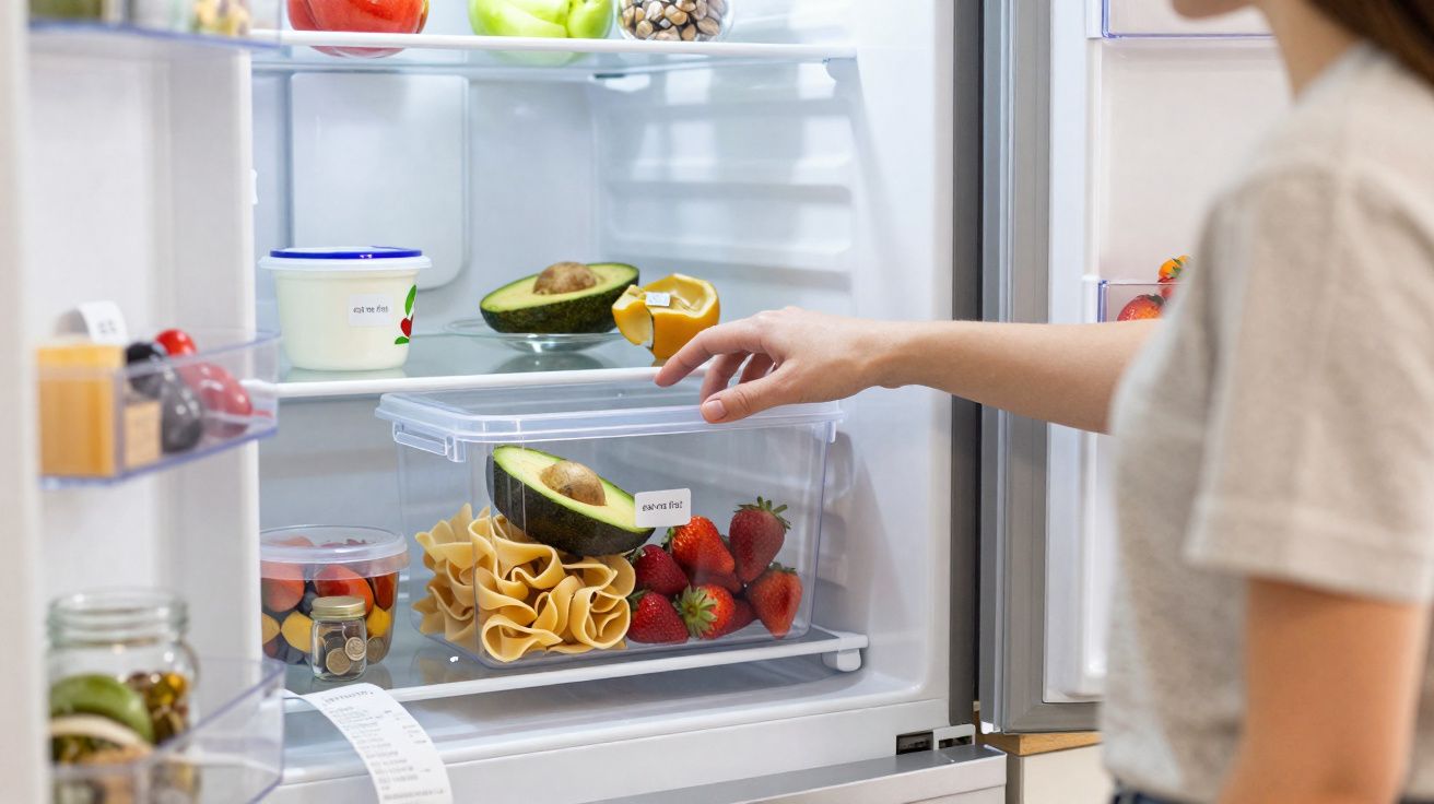 Pessoa a guardar caixa de plástico com abacate, morangos e massa dentro do frigorífico aberto.