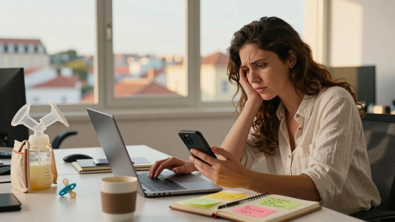Mulher preocupada a trabalhar no computador, com extrator de leite e material de bebé na secretária.
