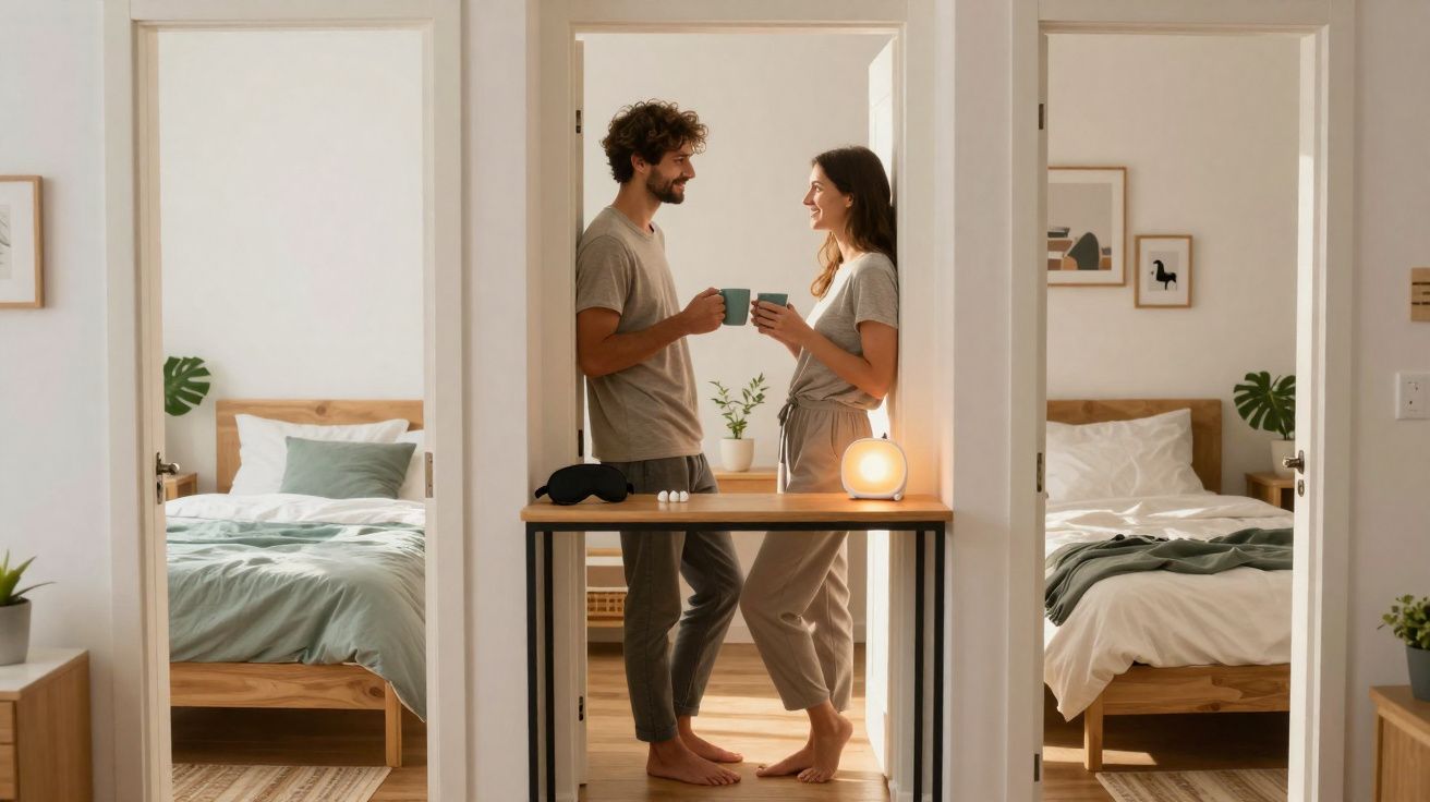 Casal sorridente de pé em corredor com canecas, entre dois quartos com camas arrumadas e decoração minimalista.