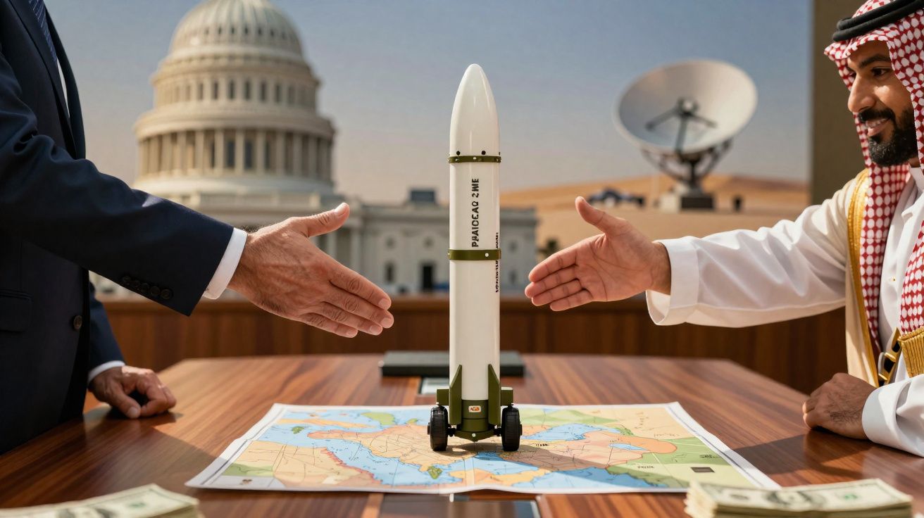 Dois homens prestes a cumprimentar-se, com um modelo de míssil sobre uma mesa com um mapa entre eles.