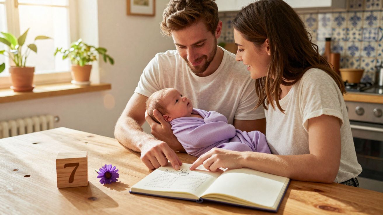Casal com bebé a ler um livro numa cozinha iluminada, com bloco de madeira e flor na mesa.
