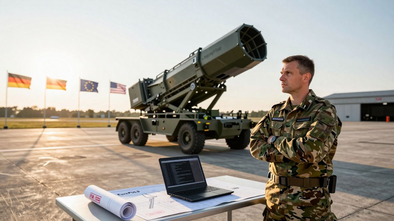 Soldado em uniforme camuflado com braços cruzados perto de mesa com portátil e mapa, e sistema militar de mísseis ao fundo.