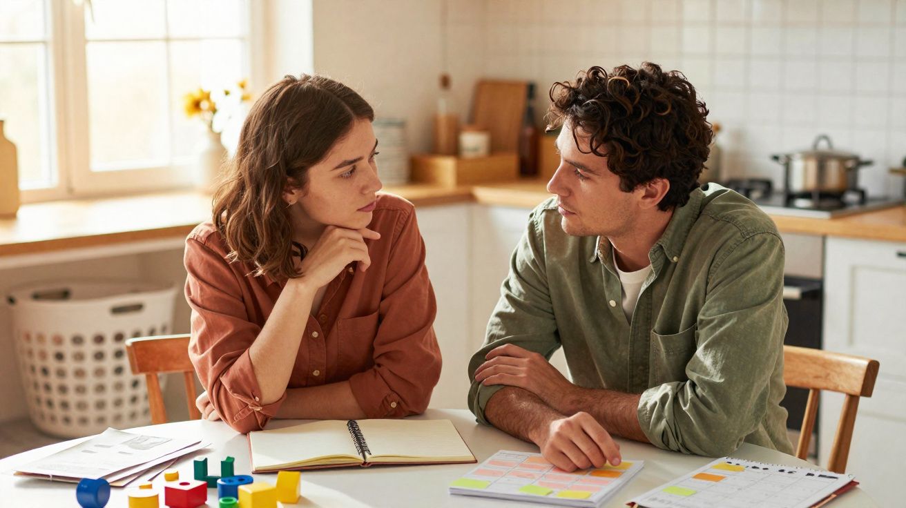 Casal jovem a conversar à mesa, rodeado de blocos de notas e brinquedos coloridos, numa cozinha bem iluminada.