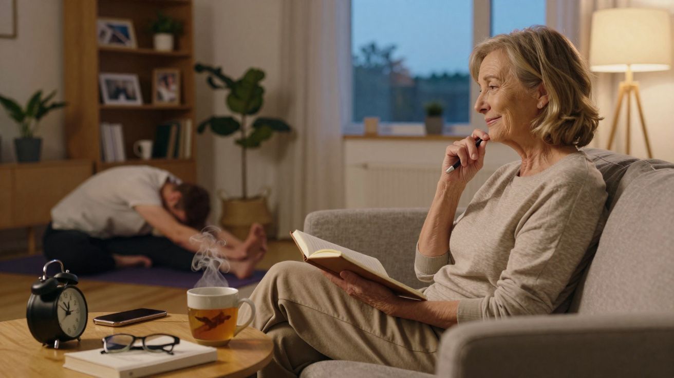 Mulher idosa sentada no sofá a ler um livro, enquanto homem faz alongamentos no tapete ao fundo da sala.