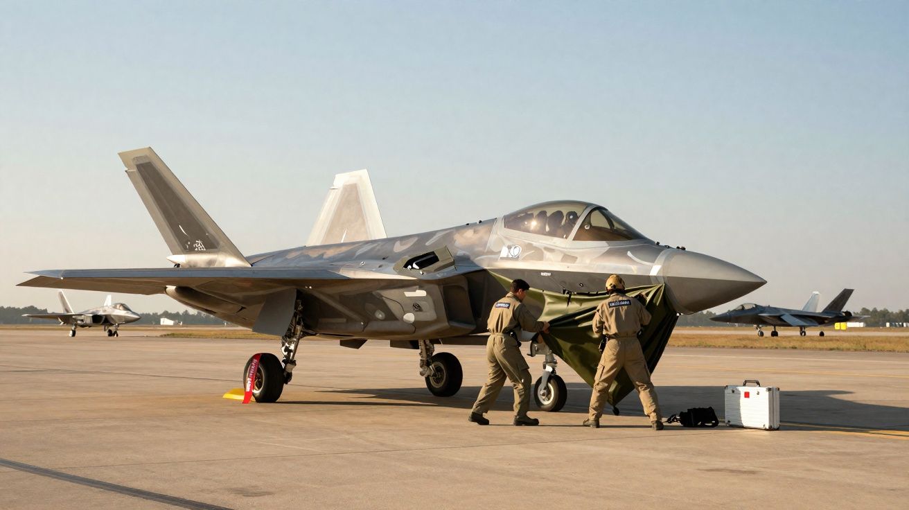 Caça militar no solo com dois técnicos a colocar cobertura no trem de aterragem num pista de aeroporto.
