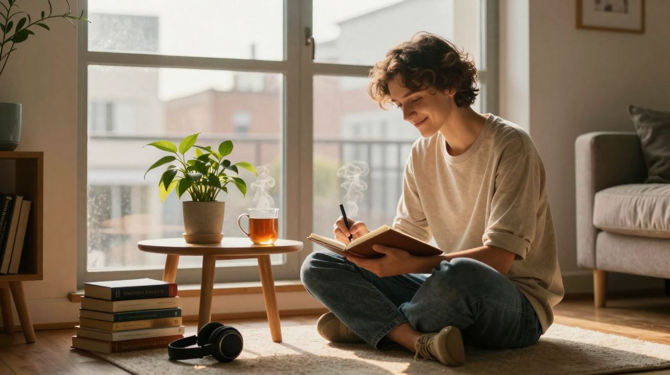 Jovem sentado no chão junto a janela, a escrever num caderno com chá quente e plantas numa mesa ao lado.