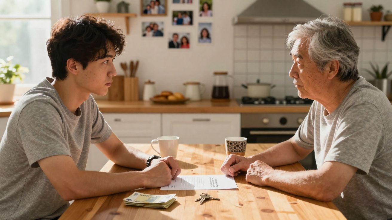 Homem jovem e idoso sentados à mesa da cozinha a discutir documentos com dinheiro e chaves à frente.
