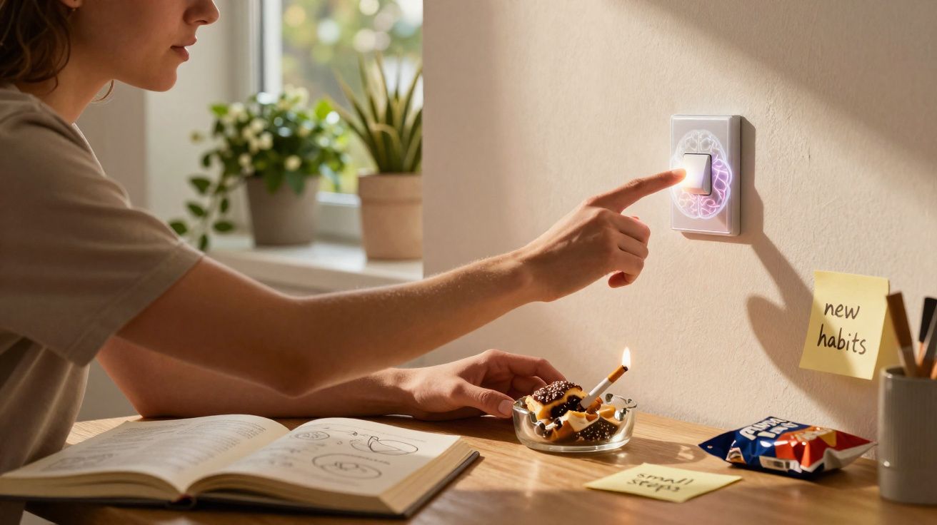 Pessoa a ligar uma luz no interruptor decorado, com livros e snacks numa secretária iluminada pela luz natural.