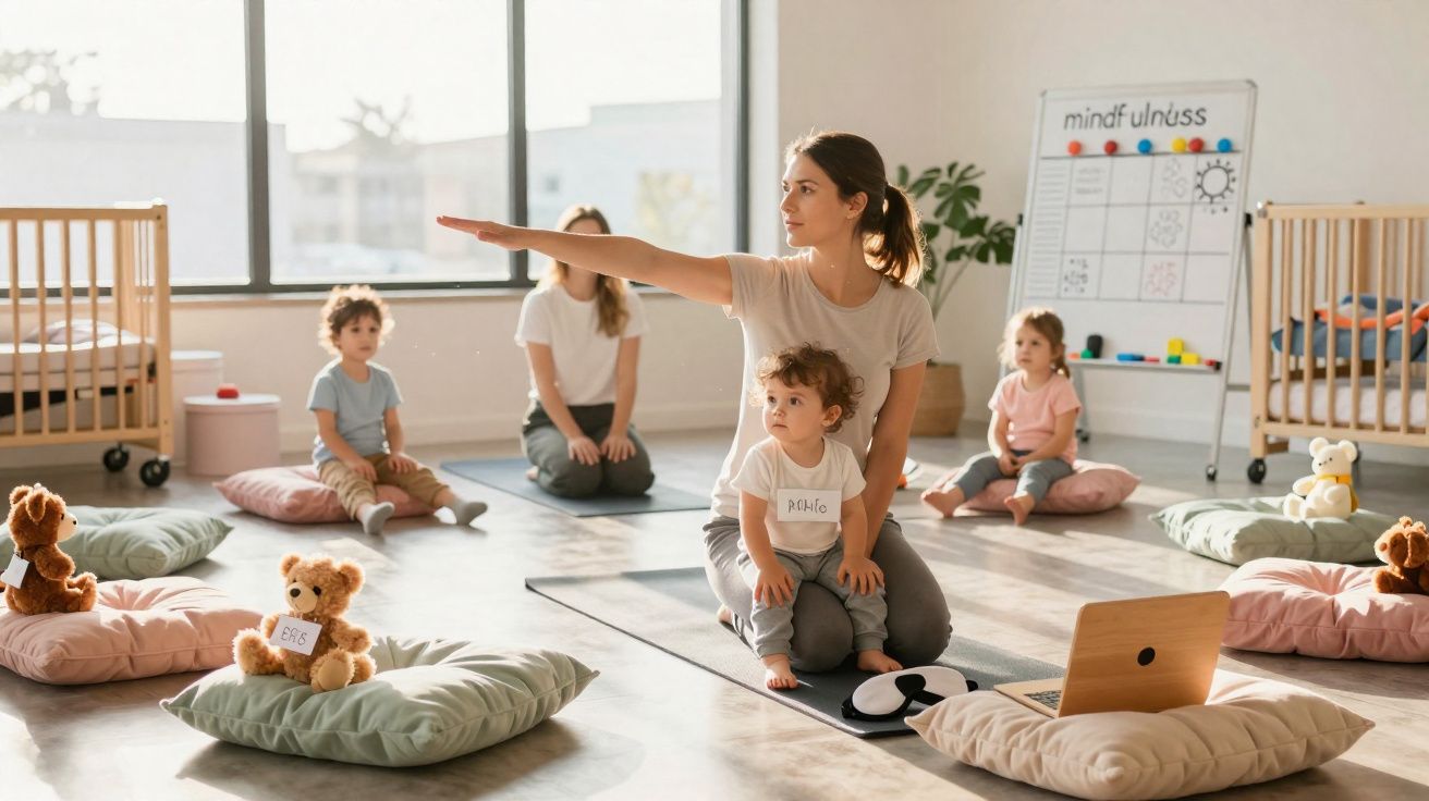 Professora de ioga com crianças sentadas em almofadas numa sala iluminada com brinquedos e quadro.