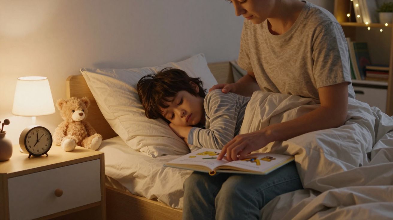 Criança de pijama a dormir na cama enquanto um adulto lê um livro ao seu lado num quarto acolhedor.