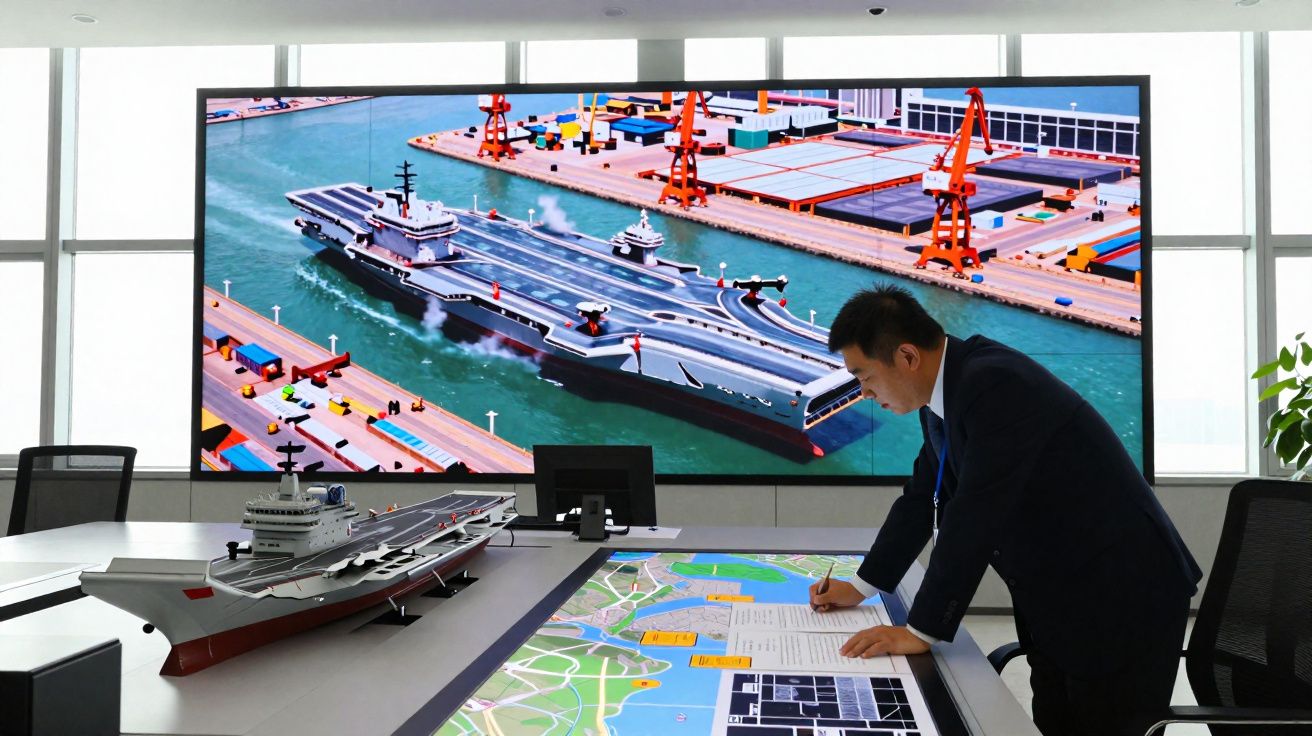 Homem a analisar projeto com modelo e imagem digital de navio porta-aviões em sala de trabalho.