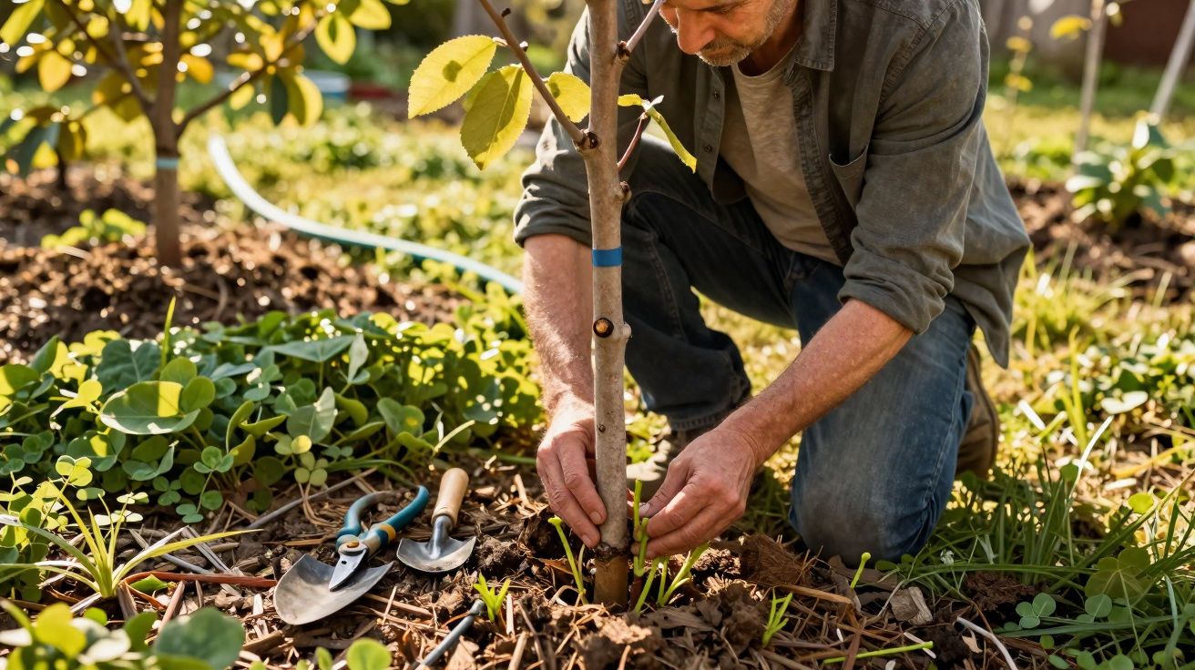 Homem ajoelhado a cuidar da base de uma árvore jovem num jardim com ferramentas ao lado.