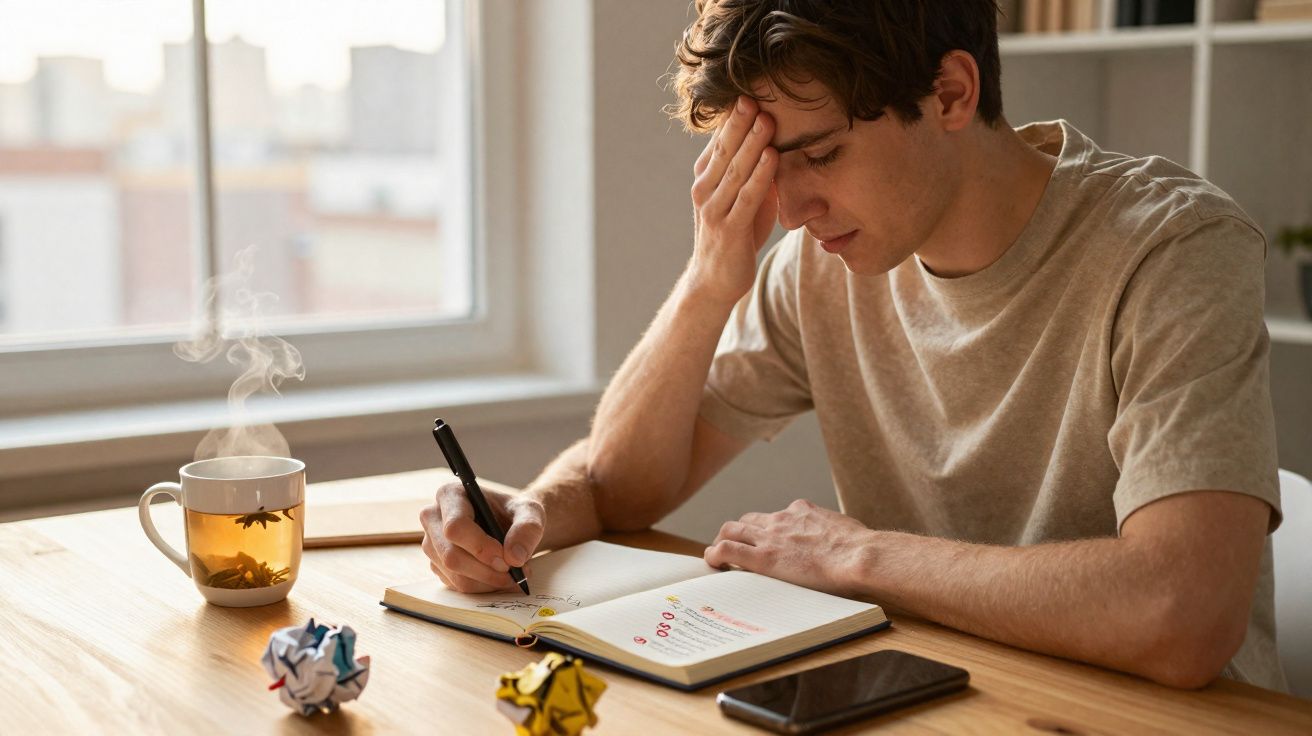 Jovem a escrever num caderno, com expressão de preocupação, sentado à mesa com chá quente e telemóvel.