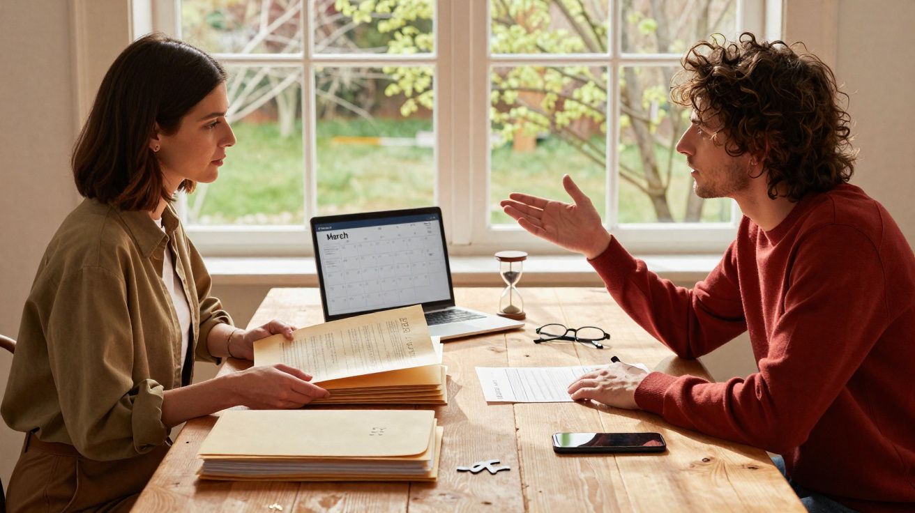 Duas pessoas sentadas à mesa, a discutir documentos com um portátil aberto mostrando um calendário.