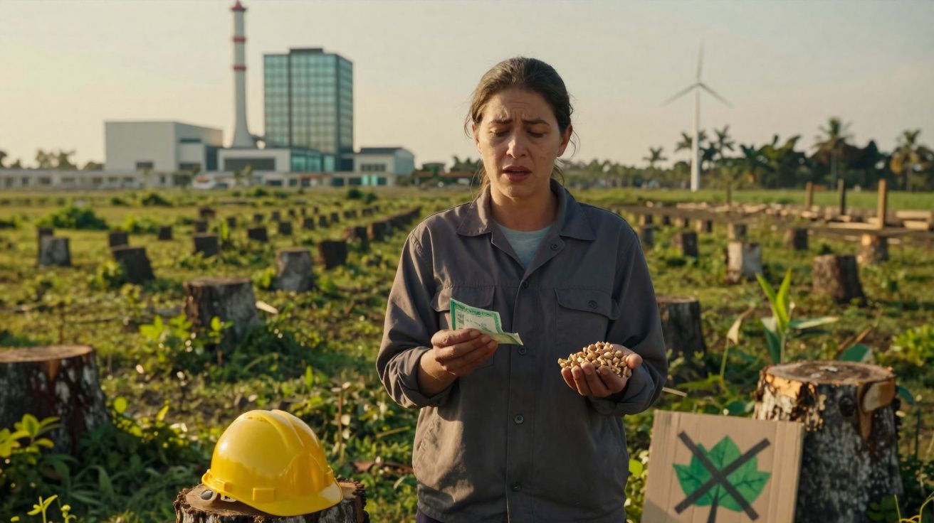 Mulher preocupada segura dinheiro e sementes numa área desmatada com tocos de árvores e edifício industrial ao fundo.