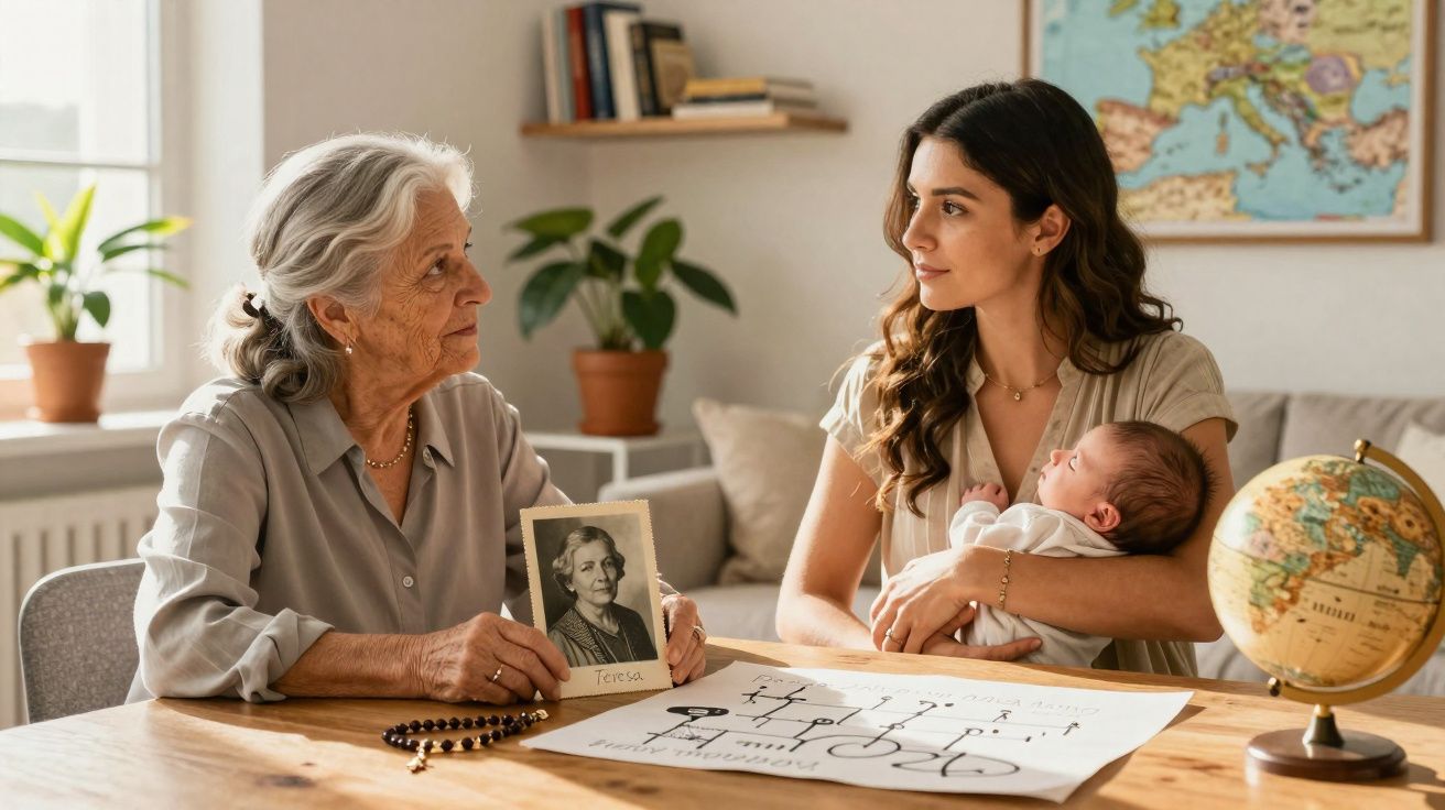 Avó a mostrar foto antiga enquanto neta segura bebé numa sala com mapa e globo terrestre.