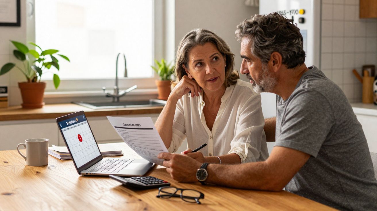 Casal maduro a discutir documentos financeiros numa mesa com computador e calculadora numa cozinha moderna.