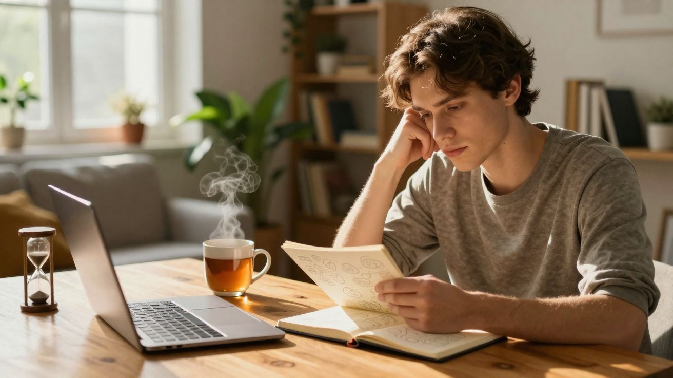 Jovem concentrado a estudar num caderno, com chá quente e computador numa mesa de madeira iluminada.