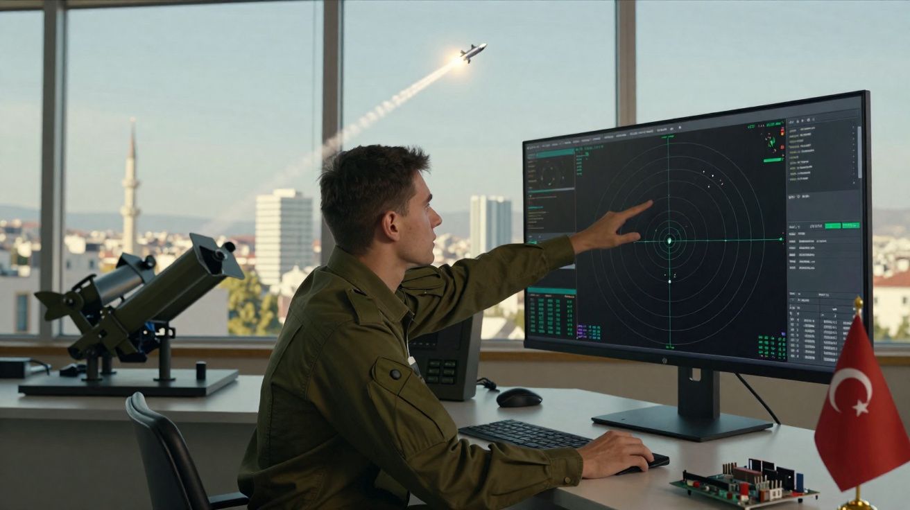 Militar turco num centro de controlo a monitorizar e identificar um avião num radar digital.