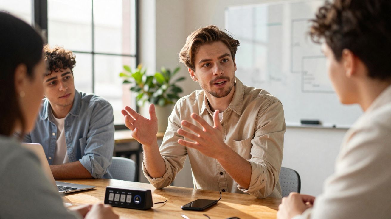 Homem fala gesticulando durante reunião com três colegas numa sala de escritório luminosa.