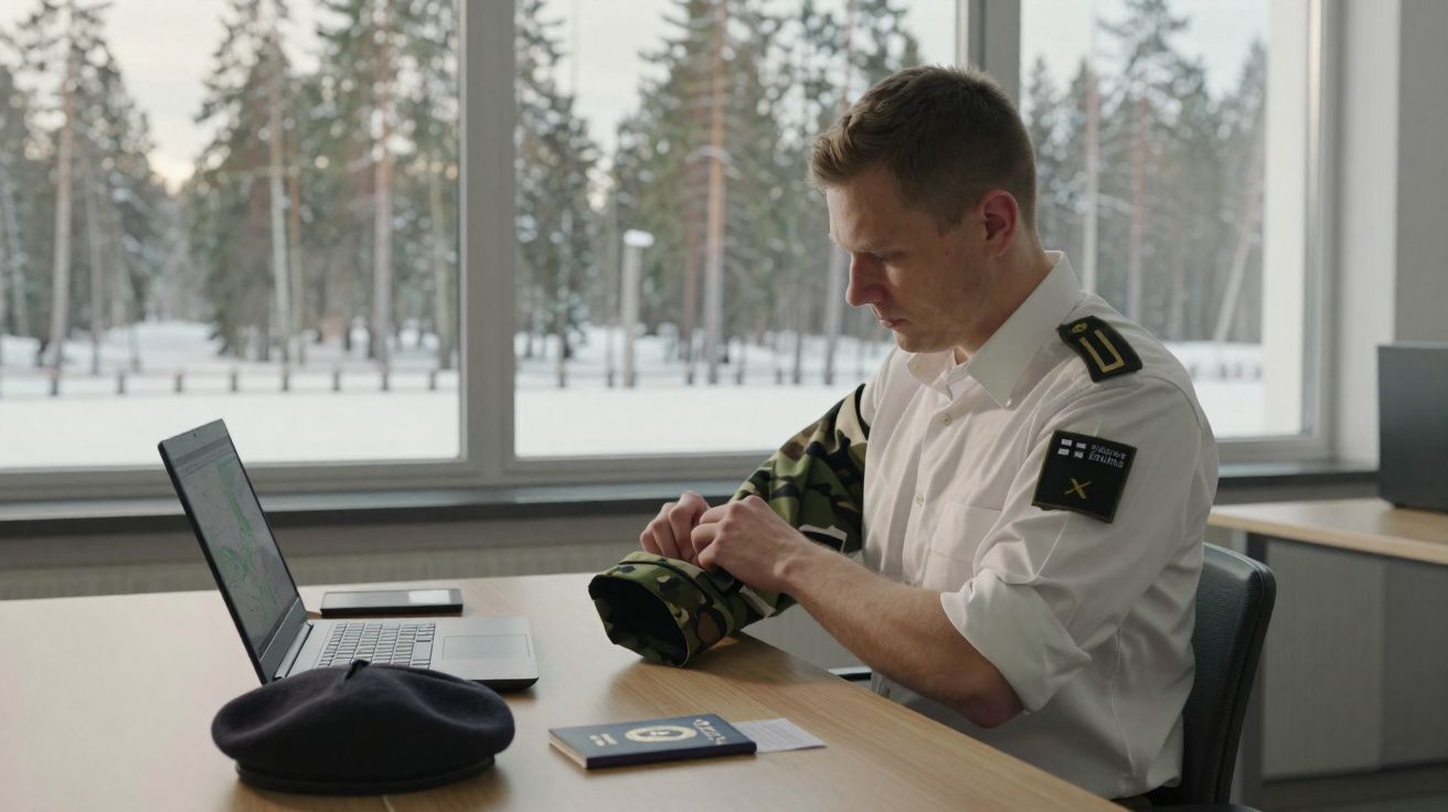 Militar sentado numa mesa com laptop, chapéu e passaporte, enrolando manga da camisa branca.