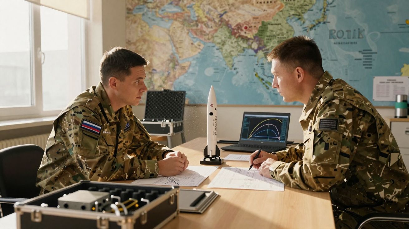 Dois militares em uniformes camuflados analisam documentos e modelo de foguetão numa sala com mapa-mundo.
