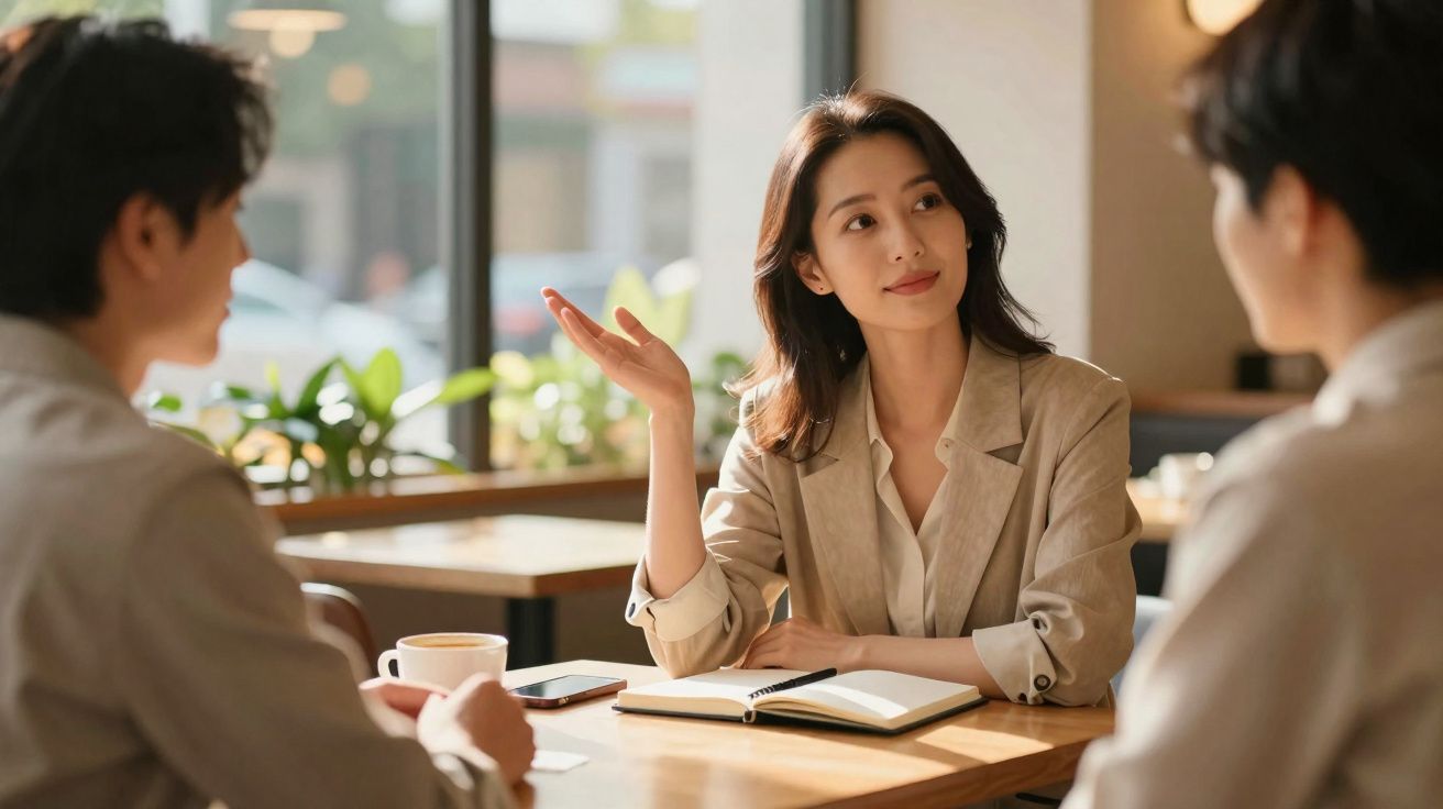 Mulher a conversar com duas pessoas numa mesa de café, com caderno aberto e chá quente.