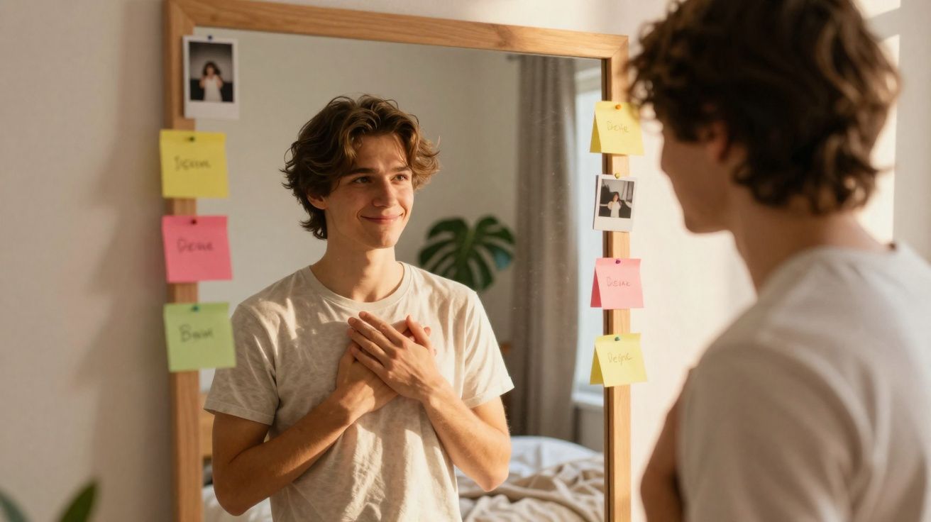 Jovem de camiseta branca sorrindo e com as mãos no peito enquanto se olha ao espelho decorado com post-its coloridos.
