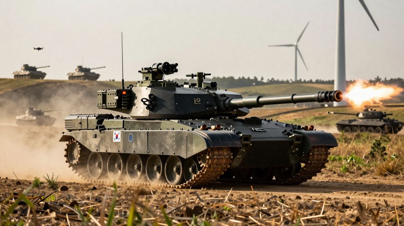 Tanque militar a disparar em terreno poluído com outros tanques e turbinas eólicas ao fundo.