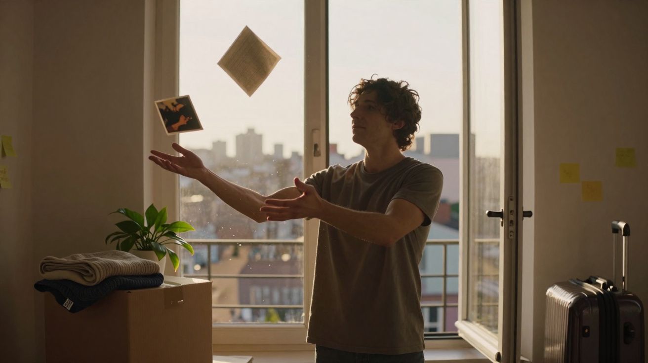 Jovem a lançar fotografias para o ar dentro de uma sala iluminada pela luz natural de uma janela aberta.