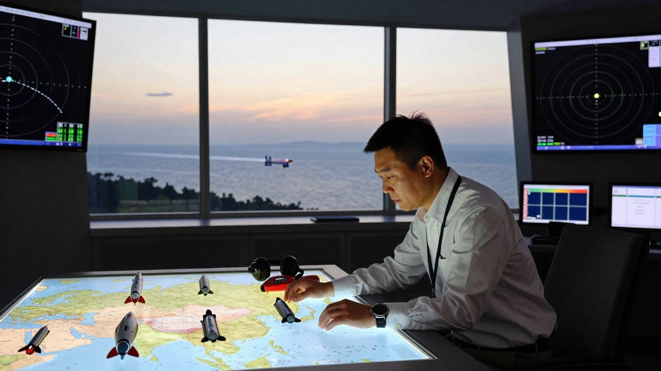 Homem num centro de controlo a monitorizar trajetos de mísseis numa mesa digital iluminada ao pôr do sol.