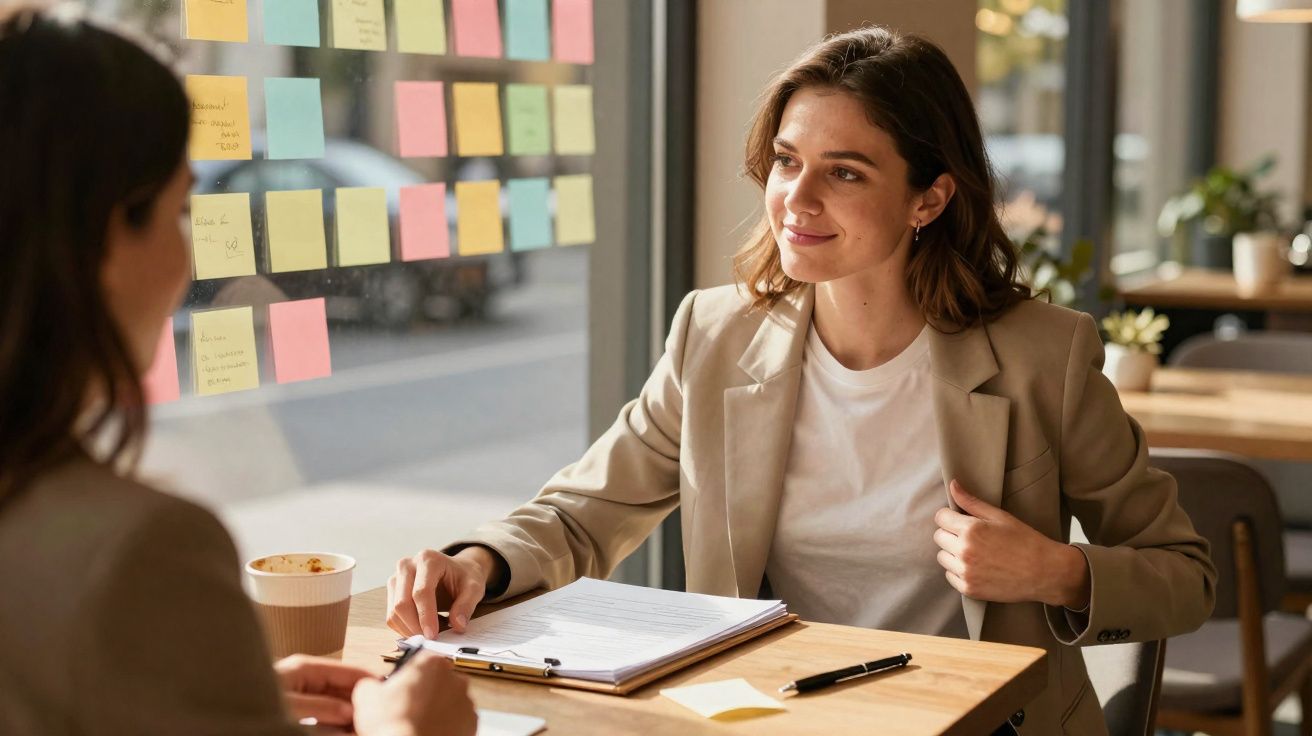 Duas mulheres em reunião de trabalho num café, com notas coloridas coladas na janela ao fundo.