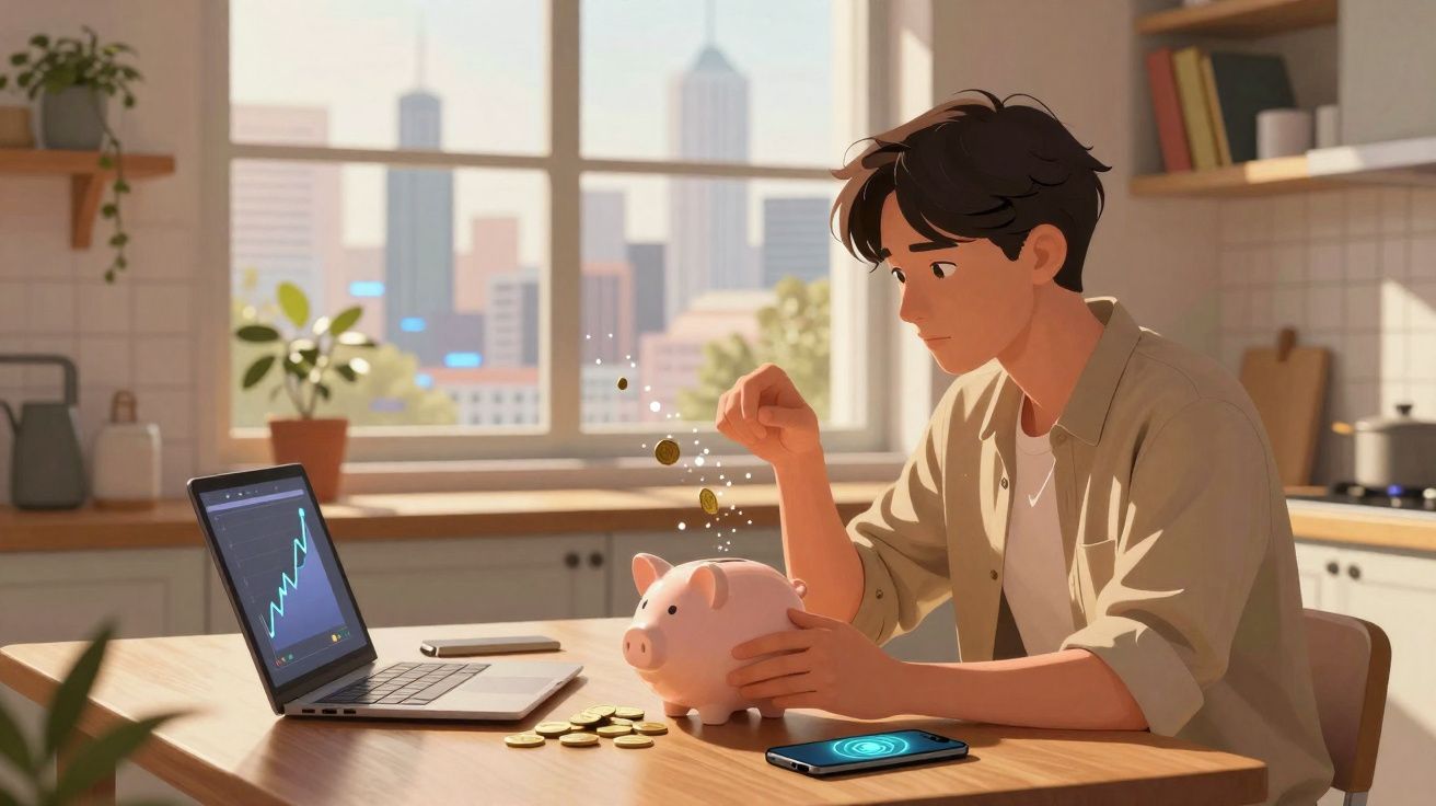 Jovem sentado à mesa a colocar moedas num mealheiro de porco com gráfico financeiro no portátil à sua frente.