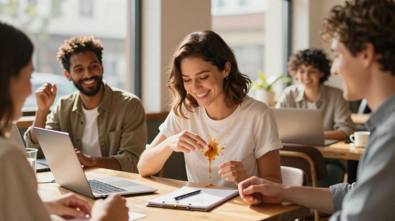 Grupo de jovens a estudar, uma mulher sorri após derramar bebida na sua t-shirt branca.