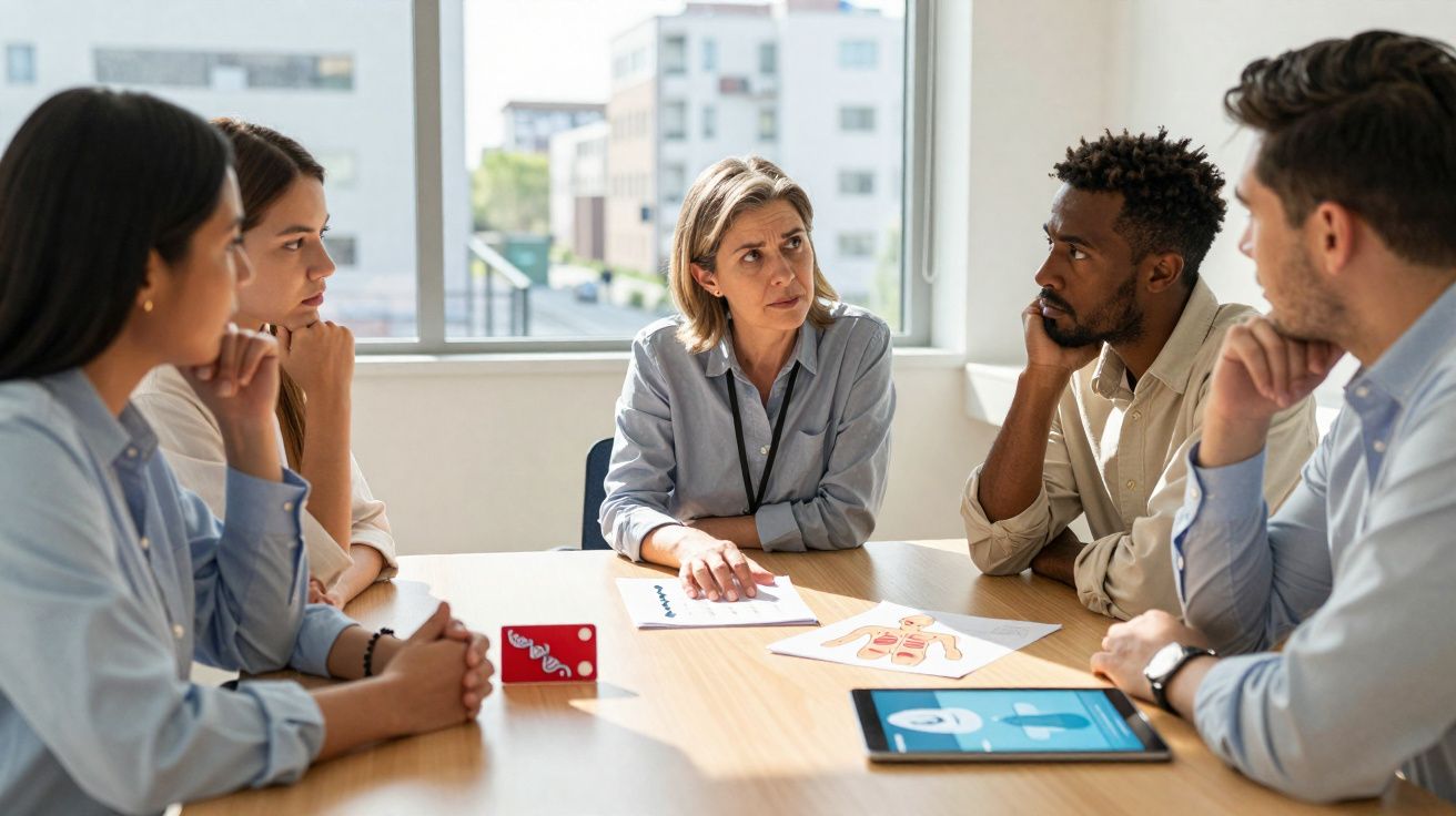 Grupo diversificado de pessoas em reunião, a discutir documentos e imagens médicas numa sala iluminada.