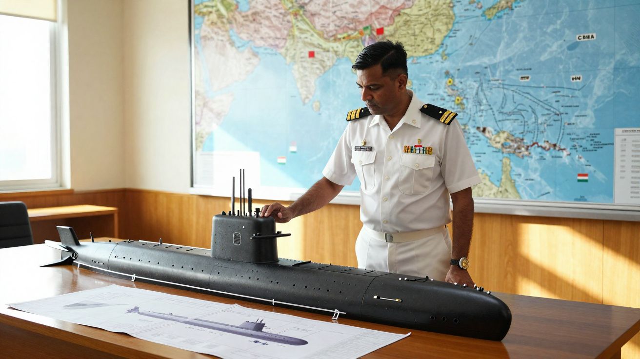Oficial naval em uniforme branco observa modelo de submarino preto sobre mesa com mapa ao fundo.