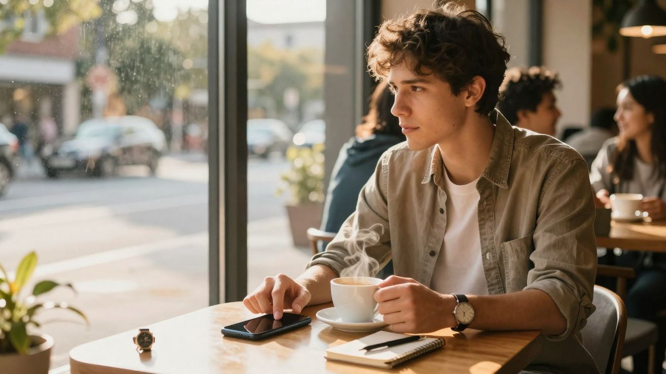 Jovem sentado numa cafetaria, segurando chá quente e olhando pela janela enquanto toca no telemóvel.