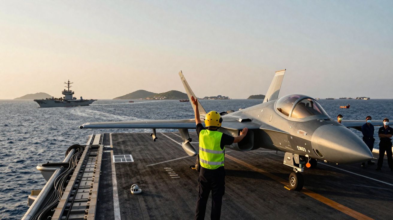 Homem com colete refletor e capacete amarelo orienta jato militar numa plataforma flutuante no mar.