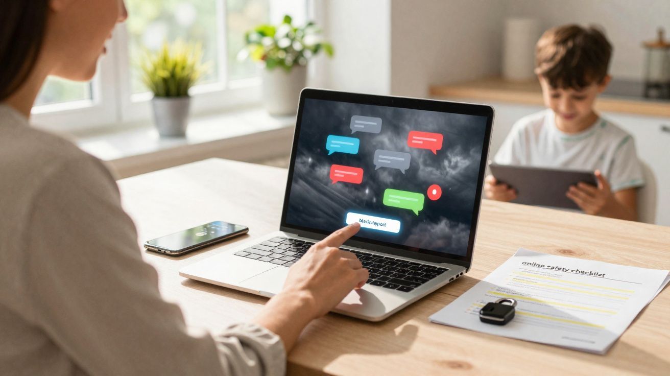 Pessoa a usar computador portátil com mensagens na tela, criança ao fundo com um tablet.