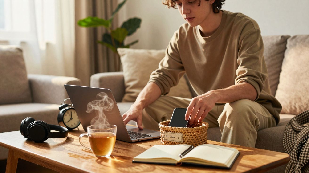 Jovem sentado no sofá a usar portátil com chá quente, auscultadores, relógio e caderno numa mesa de madeira.