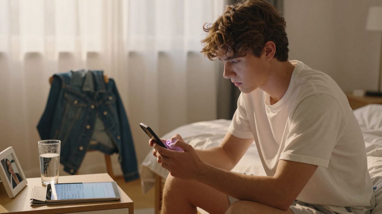 Jovem sentado na cama a usar telemóvel, com tablets e um copo de água numa mesa ao lado, durante o dia.
