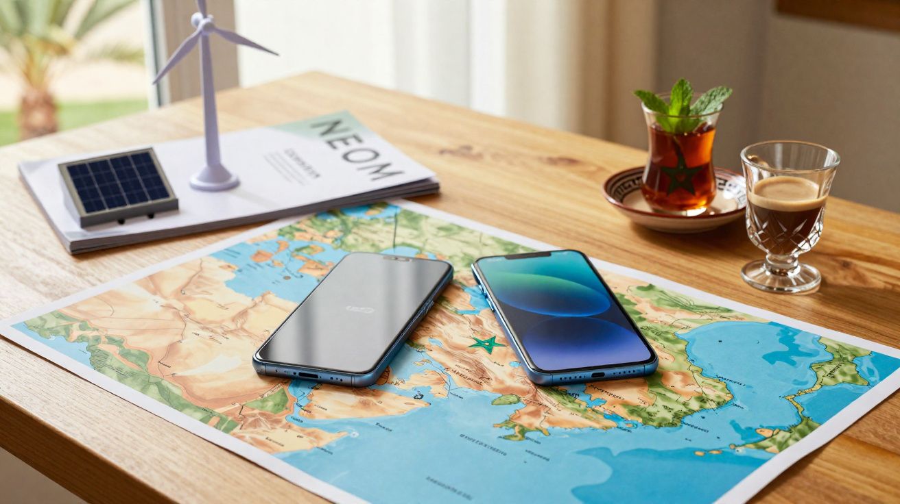 Mesa com mapa, dois telemóveis, um livro sobre energia renovável, chá e café.