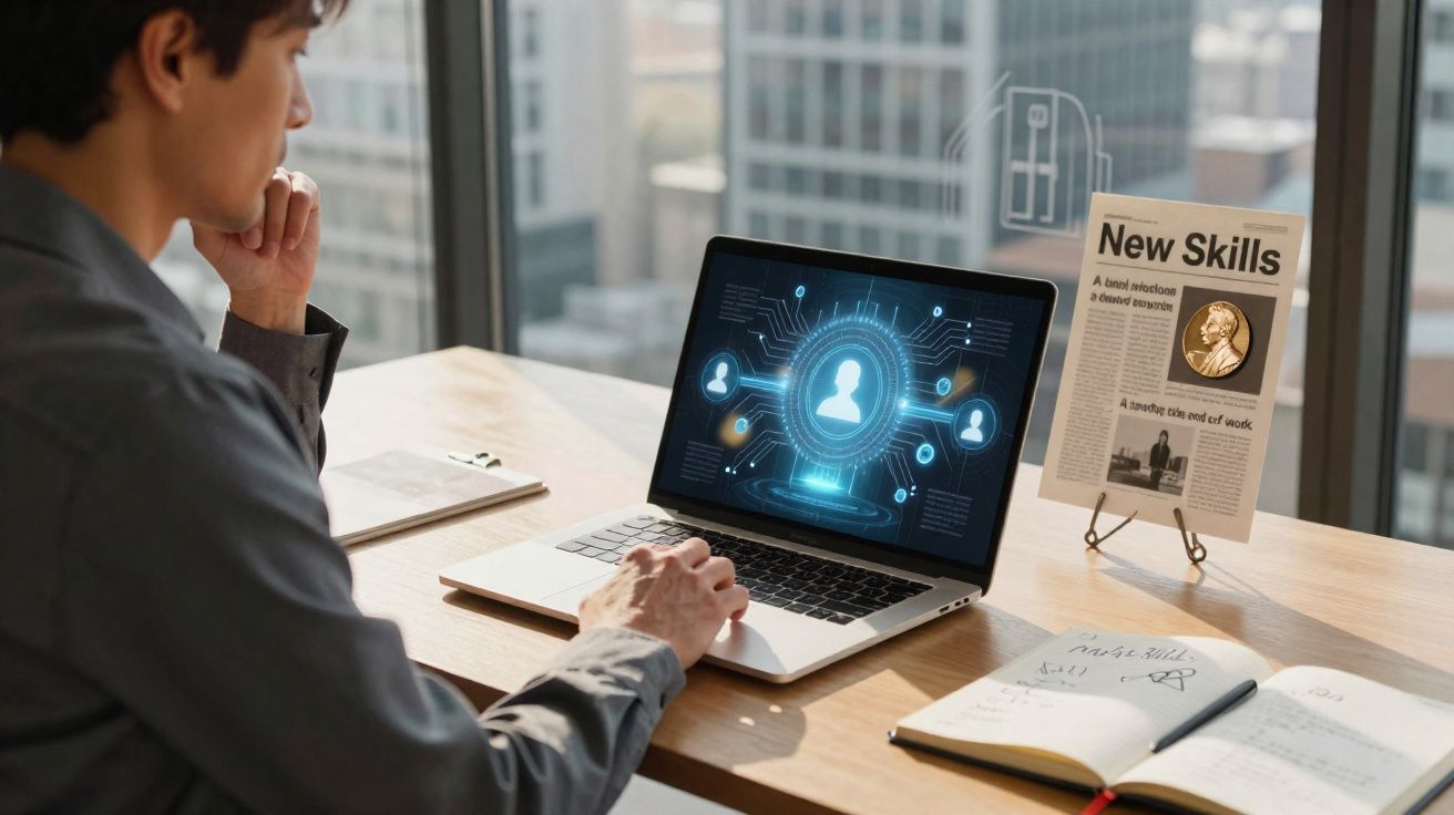 Homem a trabalhar num portátil com gráfico digital de perfis, junto a notas e jornal "New Skills" numa secretária.