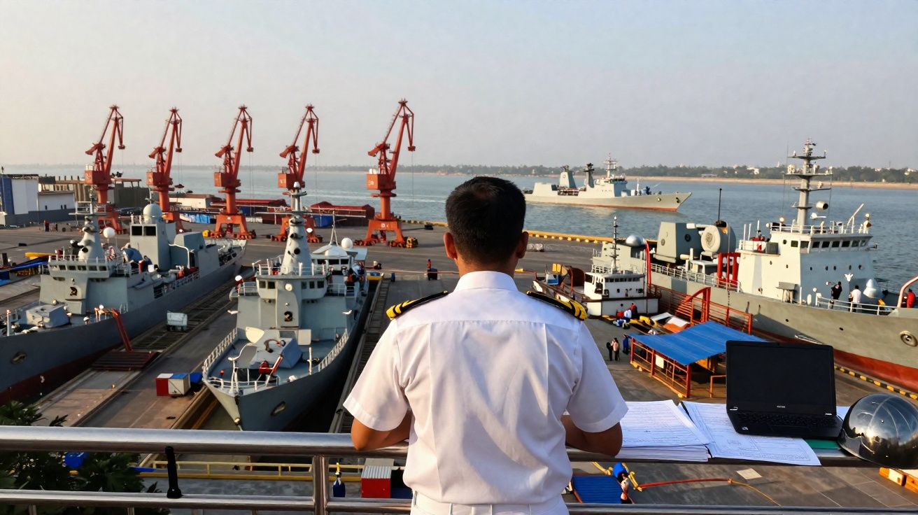 Homem fardado observa navios militares ancorados num porto com gruas vermelhas ao fundo.