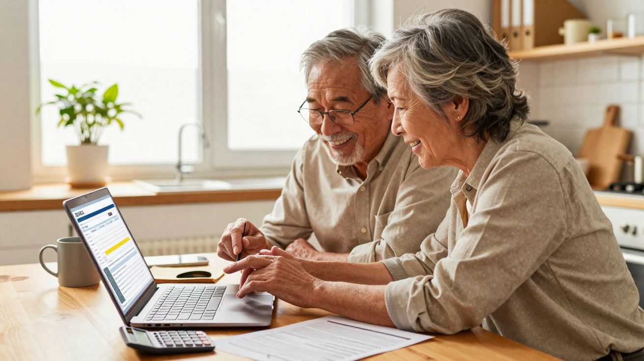 Casal sénior sorridente a usar laptop e a fazer contas numa cozinha iluminada.