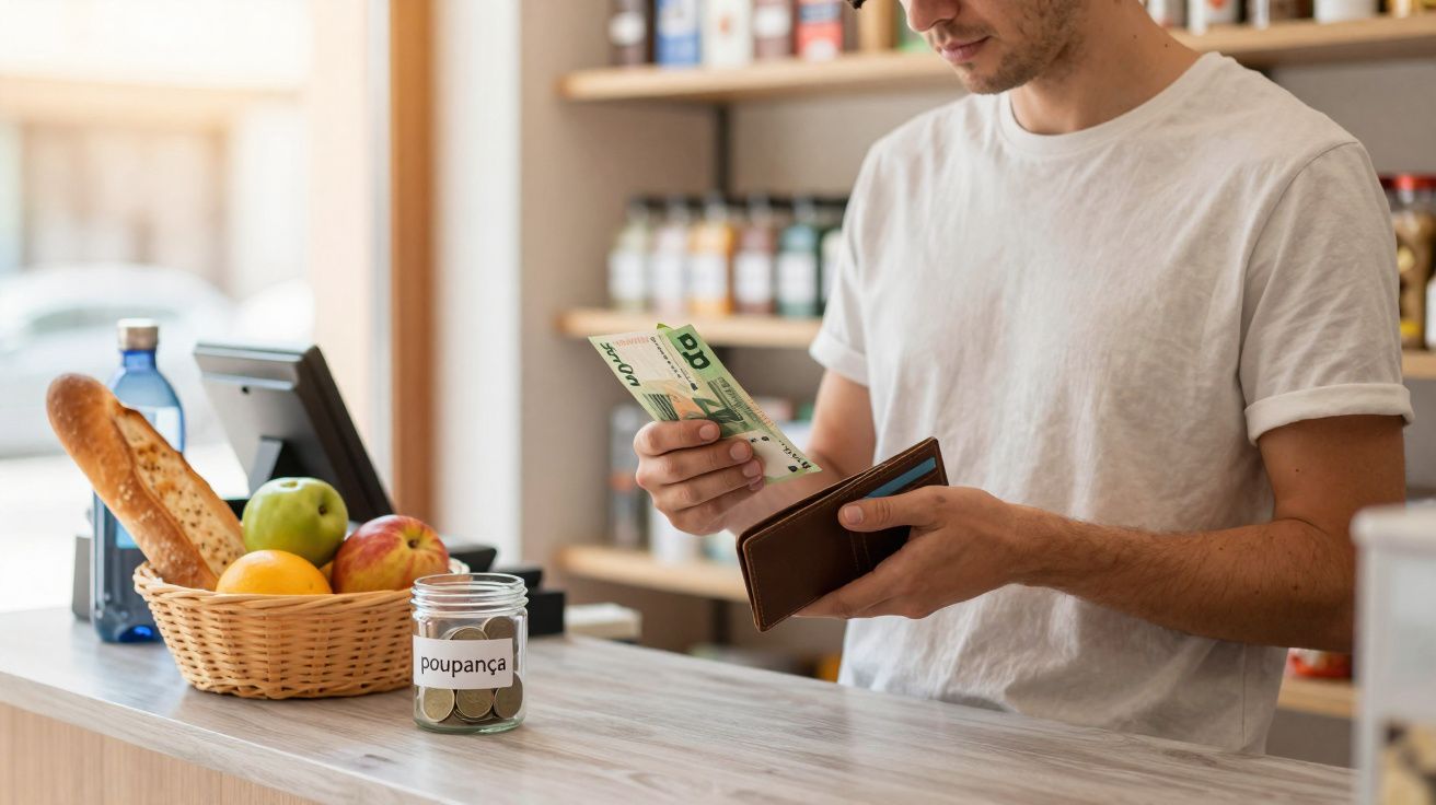 Homem a pagar com dinheiro num supermercado com cesto de frutas e frascos de poupança na banca.