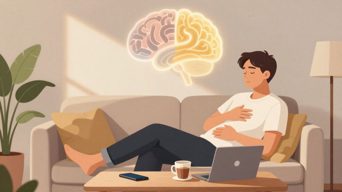 Homem sentado no sofá a meditar com cérebro iluminado sobreposto e laptop à frente numa mesa.